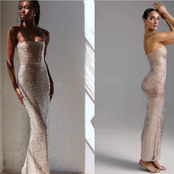 Oh Polly Amaya Embellished Bandeau Maxi Dress in Almond - Picture 3 of 8